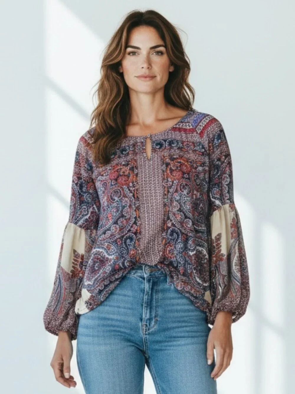 One World BOHO Persian Paisley Long Bishop-Sleeve Top L #171D - Picture 2 of 8